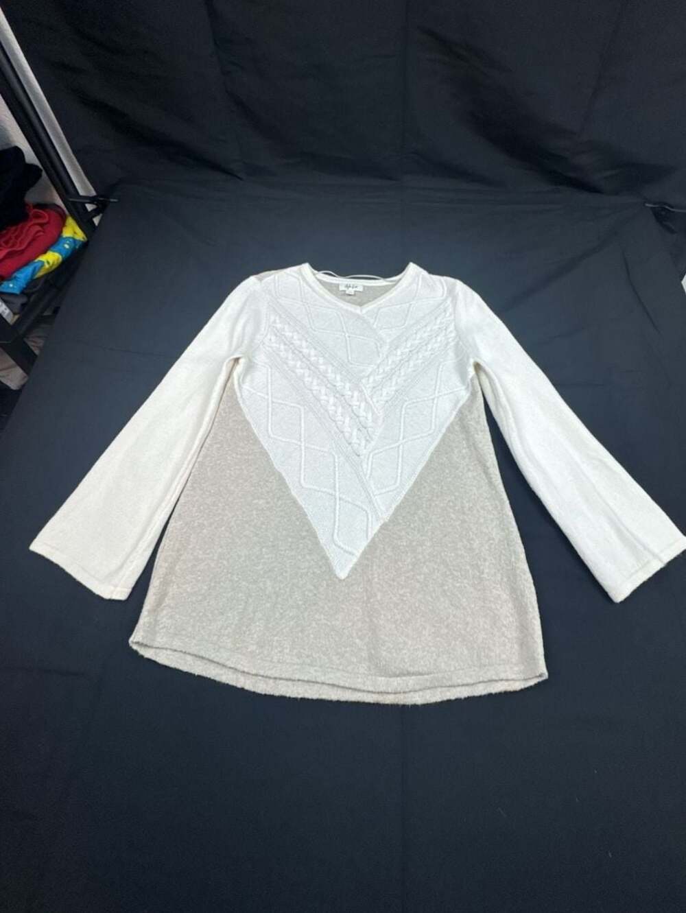 Style & Co Women's Mixed Stitch V-Neck Long Sleeve Sweater PM Warm Ivory